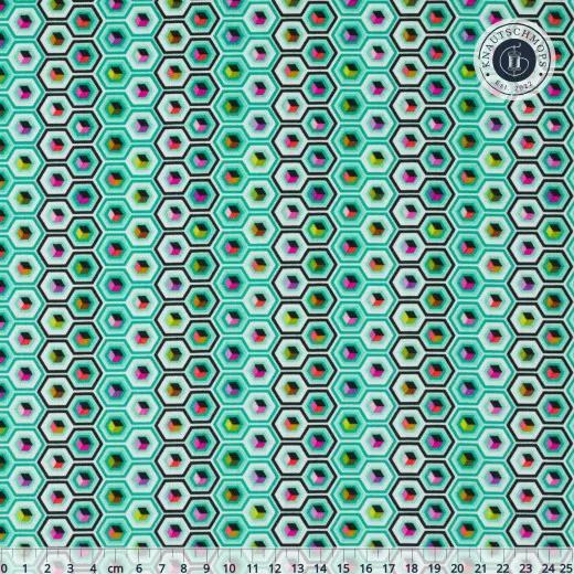 Geometrisches Sechseck-Muster mit 3D-Würfel-Motiven in Mint, Pink und Gold, mit Maßband zur Größeneinordnung