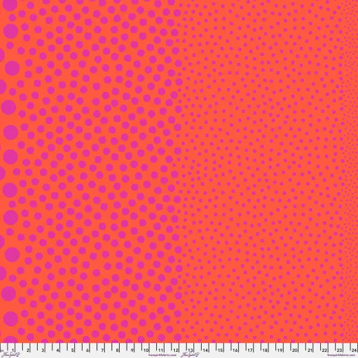 Tula Pink Stones Tomato - Punkte auf Orangerot Tula Pink True Colors Stones Tomato: pinke Punkte in abnehmender Größe auf orangerotem Baumwollstoff
