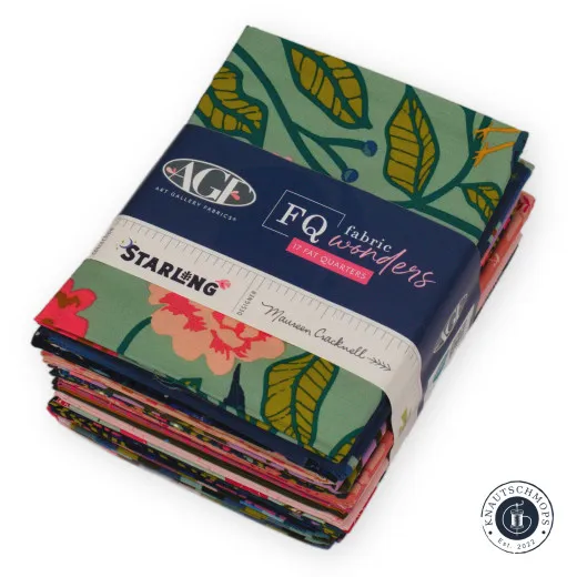Starling Fat Quarter Bundle: grünes Blumen- und Vogelmuster-Stoff mit Banderole "FQ fabric wonders – 17 Fat Quarters", Starling von Maureen Cracknell