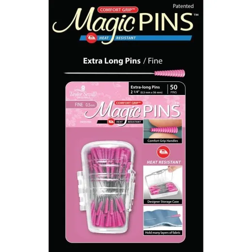 Verpackung auf schwarzem Hintergrund Verpackung der Taylor Seville Magic Extra Long Pins Fine in Pink vor schwarzem Hintergrund mit Nadel-Illustration