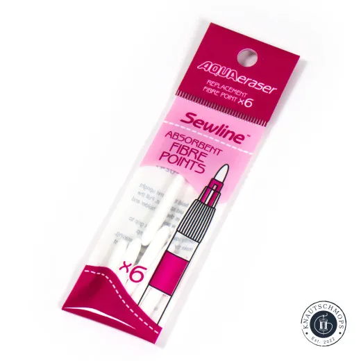 Verpackung Ersatzspitzen Verpackte 6er-Packung Sewline-Aqua-Eraser-Ersatzspitzen mit pinkem Etikett, diagonale Ansicht