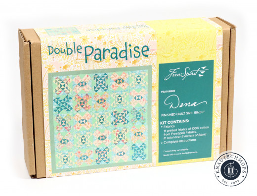 Verpackung Frontalansicht Verpackungsbox des „Double Paradise“-Quiltsets mit Vorschau des fertigen Quilts und Angaben zu Inhalt und Groesse
