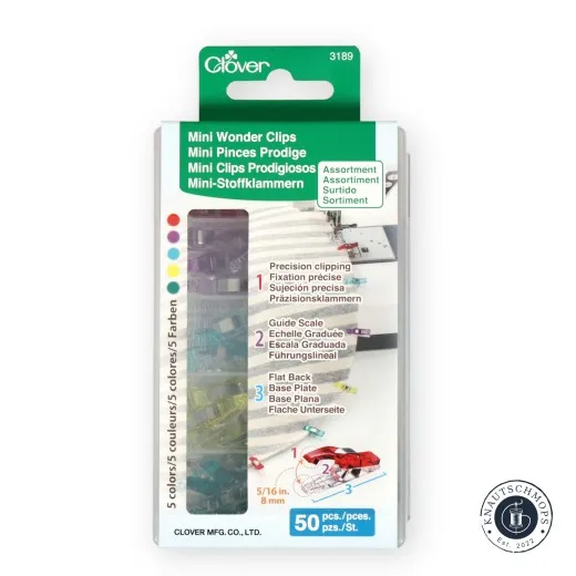 Verpackung der Clover Mini Wonder Clips im 50er-Set, Sortiment aus 5 Farben, Frontalansicht.