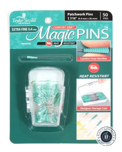Verpackung Frontalansicht Verpackungskarte der Taylor Seville Magic Pins Patchwork Extra-Fine in Gruen, 50 Stecknadeln mit Comfort-Grip-Griffen in durchsichtiger Box
