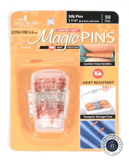 Verpackung Frontalansicht Verpackungskarte der Taylor Seville Magic Pins Silk Extra-Fine in Orange, 50 Stecknadeln mit Comfort-Grip-Griffen in durchsichtiger Box