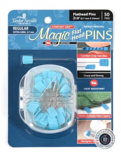 Verpackung Frontalansicht Verpackungskarte der Taylor Seville Magic Flat Head Pins Regular in Blau, 50 Stecknadeln mit flachem Kopf in durchsichtiger Box