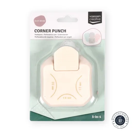 Verpackung, Frontalansicht Verpackung des 3-in-1-Eckenstanzers von Vaessen Creative für 14, 17 und 20mm, Frontalansicht.