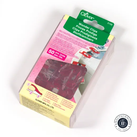 Clover Wonder Clips, 50 Stück, in der Originalverpackung, leicht angeschrägt fotografiert.