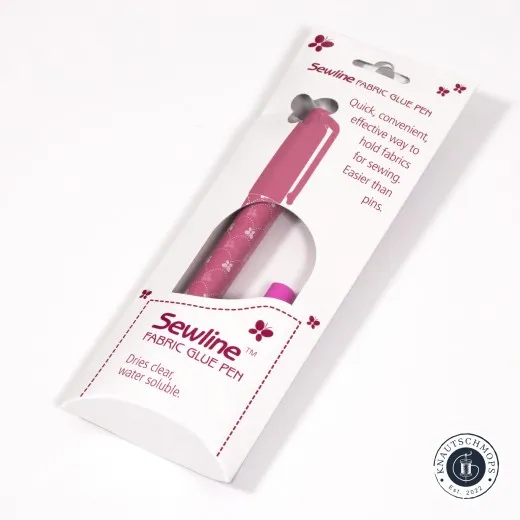 Faltschachtel des pinken Sewline Kleberstifts schräg mit sichtbarem Clip und Produktbeschreibung