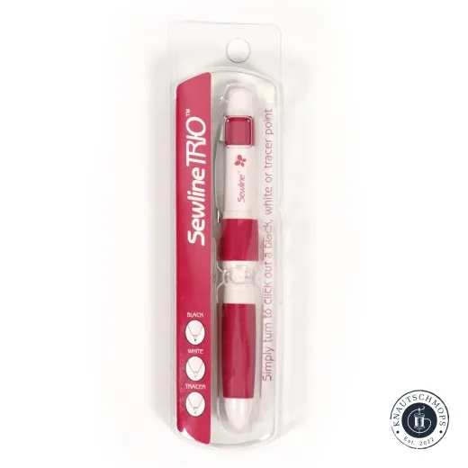 Verpackung schräg Blisterverpackung des Sewline Fabric Pencil Trio schräg mit Auswahlsymbolen für schwarze, weiße und Tracer-Mine