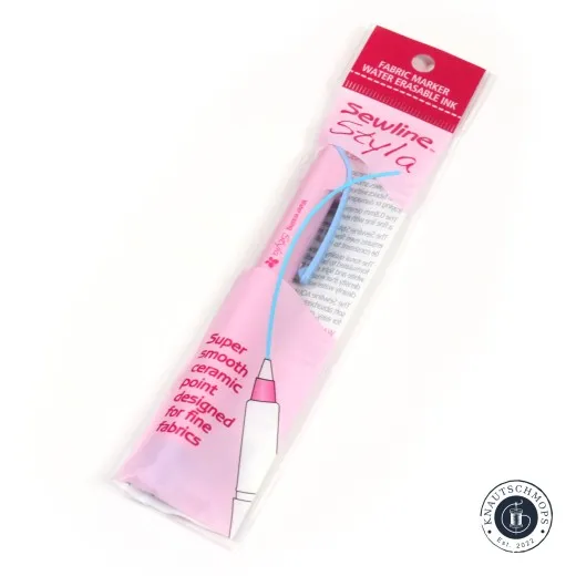 Blisterverpackung des Sewline Styla Fasermarkers schräg mit Illustration der Keramikspitze