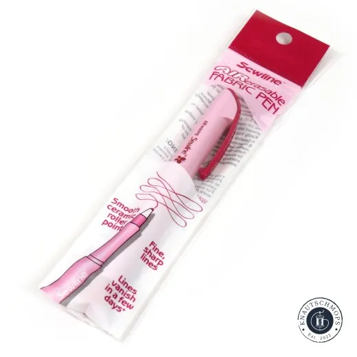 Verpackung des Sewline AirErasable Fabric Pen, schräg fotografiert mit Produktabbildung.