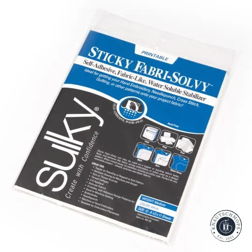 Verpackung Sulky Sticky Fabri-Solvy Verpackte Sulky-Sticky-Fabri-Solvy-Bögen, selbstklebender, bedruckbarer, wasserlöslicher Stabilisator.