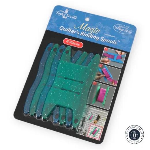 Verpackung Vorderseite Taylor Seville Magic Quilter's Binding Spools (4er Pack) in der Originalverpackung mit Anwendungsschritten 1 bis 3.