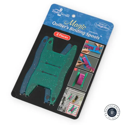 Verpackung Vorderseite Taylor Seville Magic Quilter's Binding Spools (2er Pack) in der Originalverpackung mit Anwendungsschritten 1 bis 3.