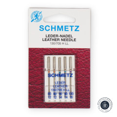 Verpackung der Schmetz Leder-Nadeln 130/705 H LL mit fünf Nadeln in der Stärken 80, 80, 90, 90 und 100