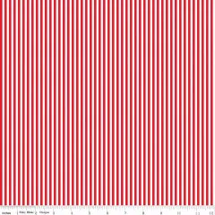Designdarstellung des Riley Blake 1/8" Stripe in Rot auf Weiß mit Zoll-Maßstab