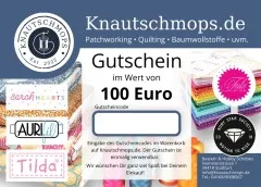Gutschein 100 Euro zum Ausdrucken mit Feld für Gutscheincode, Stoffstapeln, Garnen und Markenlogos
