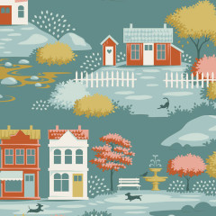 Nahaufnahme des Dorfmotivs in Teal mit Landhaus, Gartenzaun und Katze aus der Tilda-Kollektion Village Life.