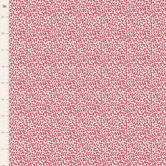 Blätter- und Beerenmuster von Lillian Burgundy aus der Tilda-Kollektion Village Life mit Zoll-Lineal zur Größenreferenz.