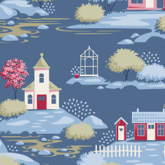 Nahaufnahme des Dorfmotivs in Blau mit Kirche, Landhaus und Gewächshaus aus der Tilda-Kollektion Village Life.