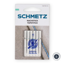 Vorderseite der Schmetz Topstitch Nadelpackung 130/705 H-N mit fünf Nadeln in Stärke 80/12