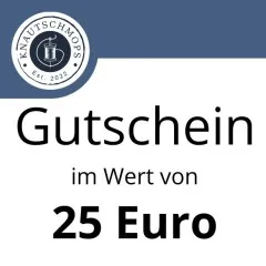Gutschein im Wert von 25 Euro von Knautschmops.de mit Logo auf blau-weißem Hintergrund