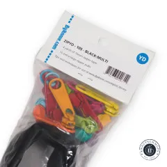 Etikett der Verpackung mit Produktinfos: 4 Yards Reißverschlussband und 16 XL-Zipper in Schwarz-Multicolor