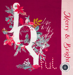 Panelausschnitt mit weißem Joyful-Schriftzug, Zweigen und Beeren auf beerenrotem Grund, Rand Merry & Bright