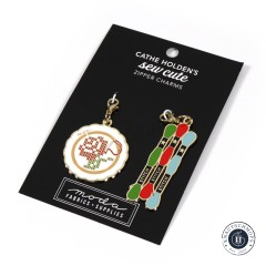 Die Zipper-Charms-Karte mit Stickrahmen- und Stickgarn-Anhänger, Frontalansicht.