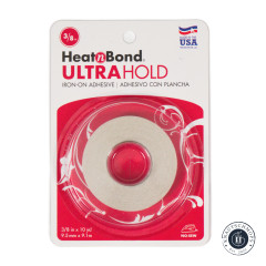 Frontalansicht der Verpackung mit Rolle des Ultrahold-Bügelklebebands.