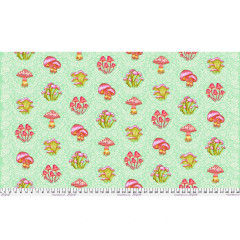 Ganze Stoffbreite des Tula Pink Stoffes Morel Support Afterglow mit Pilzmotiven auf Mintgrün und Zollleiste