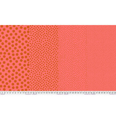 Stoffbreite Tula Pink Stones Clay mit Verlauf von großen zu feinen orangen Punkten auf Korallrot