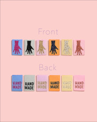 Sechs Mini-Hand-Labels in Metallic-Glitzerfarben, Vorder- und Rückseite mit 'Hand Made'-Schriftzug