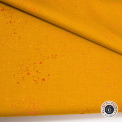 Senfgelber Speckled Stoff mit roten Sprenkeln, diagonal gefaltet, Stoffstruktur sichtbar