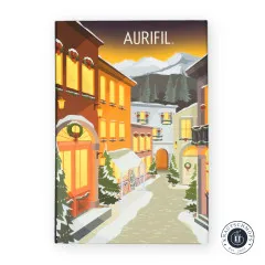 Frontalansicht der geschlossenen Aurifil Adventskalenderbox mit weihnachtlich beleuchtetem Alpendorf-Cover.