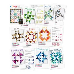 13 KONA BOM Musterkarten für Januar bis Dezember mit farbigen Quiltblöcken und Nähanleitungen