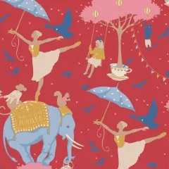 Nahaufnahme der Motive: Ballerina mit Schirm, Mädchen auf Schaukel und Vögel auf rotem Fond.