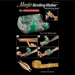 Grafische Anleitung zur Bedienung des Magic Binding Maker in vier Schritten mit fertigem Schrägband