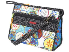 Kleine Stand-up-Tasche aus bunt gemustertem Stoff mit Schere-Motiv und Metallschnalle