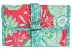 Geschlossener Fold-Over-Organizer aus türkis-korallenfarbenem Blumenstoff mit Metallschnalle