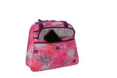 Pinke Bowler-Tasche mit Blumenmuster, Smartphone in der vorderen Reißverschlusstasche.