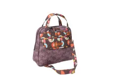 Bowler-Tasche aus mauvefarbenem Stoff mit buntem Retro-Halbkreismuster und gemustertem Trageriemen.