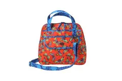 Bowler-Tasche in Orange-Rot mit buntem Schmetterlingsdruck und blauem Kontrastband.