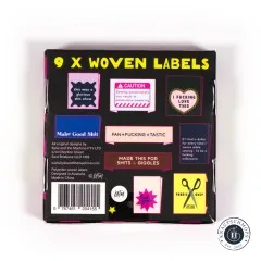 Rückseite der Box mit Abbildungen aller 9 enthaltenen Labels: „this was a glorious shit show", „I fucking love this", „Make Good Shit", „Fan-Fucking-Tastic", „Made This For Shits & Giggles", „Fabric Only Mother Fuckers" u.a.