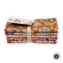 FQ-Bundle Jubilee Mustard/Pink von oben, alle 5 Stoffdesigns nebeneinander