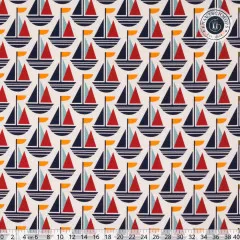 Canvas mit kleinteiligem Segelboot-Muster in Marine, Rot und Orange, Maßband zur Größenansicht
