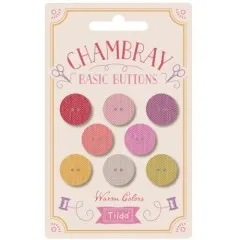 Nahaufnahme der acht Farbtöne der Chambray Basic Buttons Warm Colors, freigestellt ohne Verpackung