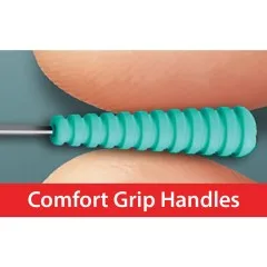 Makroaufnahme des geriffelten grünen Comfort-Grip-Griffs einer Magic Pin zwischen zwei Fingern.
