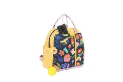 Courtside-Rucksack in buntem Blumen-Print mit zwei Pickleball-Schlägern im Seitenfach.